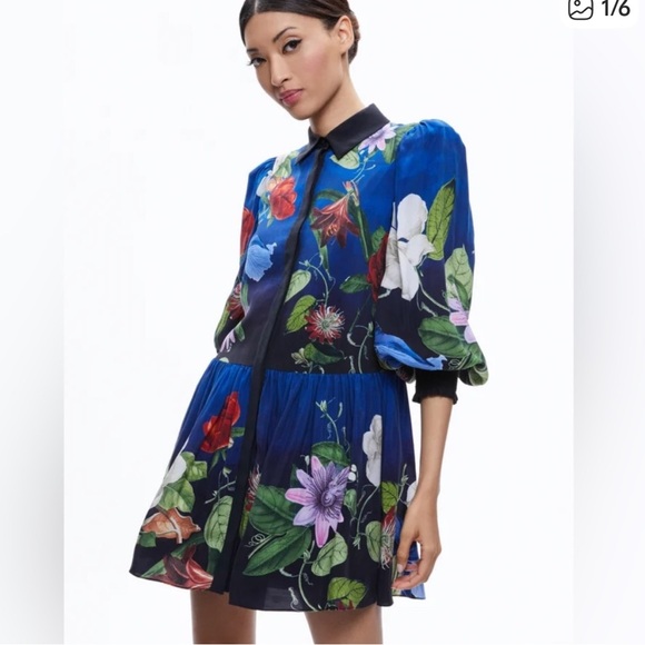 alice + olivia Bertha Blouson long sleeve Shirtdress mini M blue colorful print - Picture 8 of 8